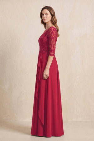 Burgundy Illusion Neck Sheath Embroidered Chiffon Mother of the Bride Dress with Half Sleeves (3) | KISSBRIDAL