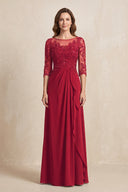 Burgundy Illusion Neck Sheath Embroidered Chiffon Mother of the Bride Dress with Half Sleeves | KISSBRIDAL