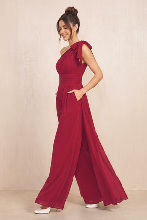 Burgundy One-Shoulder Chiffon Mother of the Bride Jumpsuits (3) | KISSBRIDAL