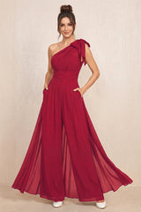 Burgundy One-Shoulder Chiffon Mother of the Bride Jumpsuits | KISSBRIDAL