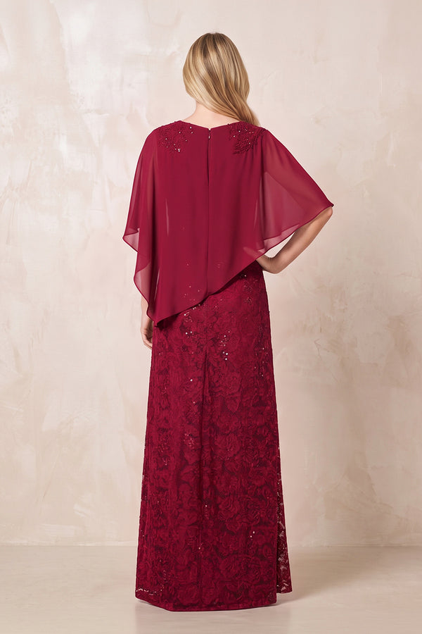 Burgundy Round Neck Lace Sheath Chiffon Cape Sleeves Mother of the Bride Dress (2) | KISSBRIDAL