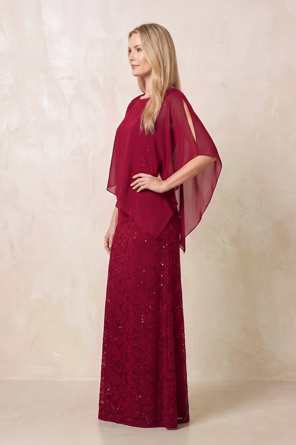 Burgundy Round Neck Lace Sheath Chiffon Cape Sleeves Mother of the Bride Dress (3) | KISSBRIDAL