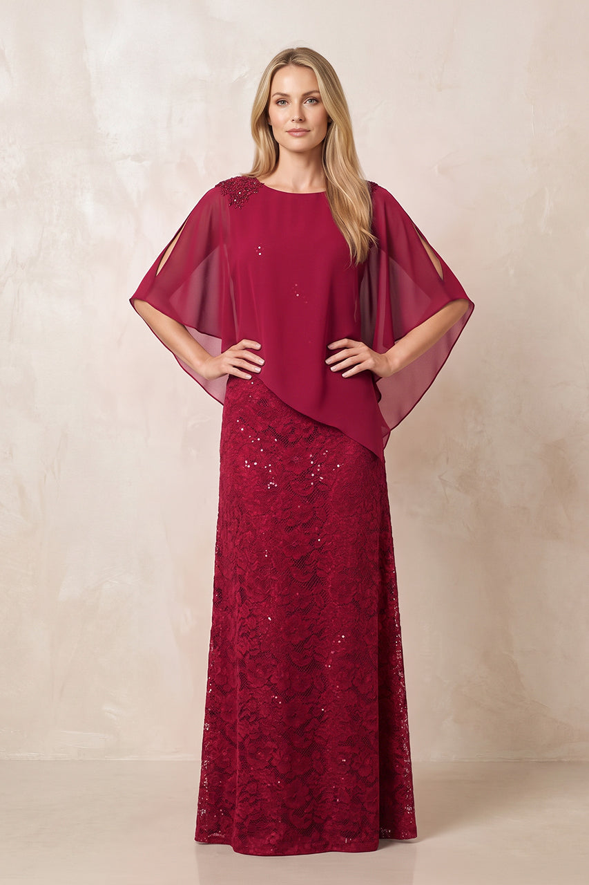 Burgundy Round Neck Lace Sheath Chiffon Cape Sleeves Mother of the Bride Dress