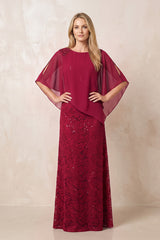 Burgundy Round Neck Lace Sheath Chiffon Cape Sleeves Mother of the Bride Dress | KISSBRIDAL