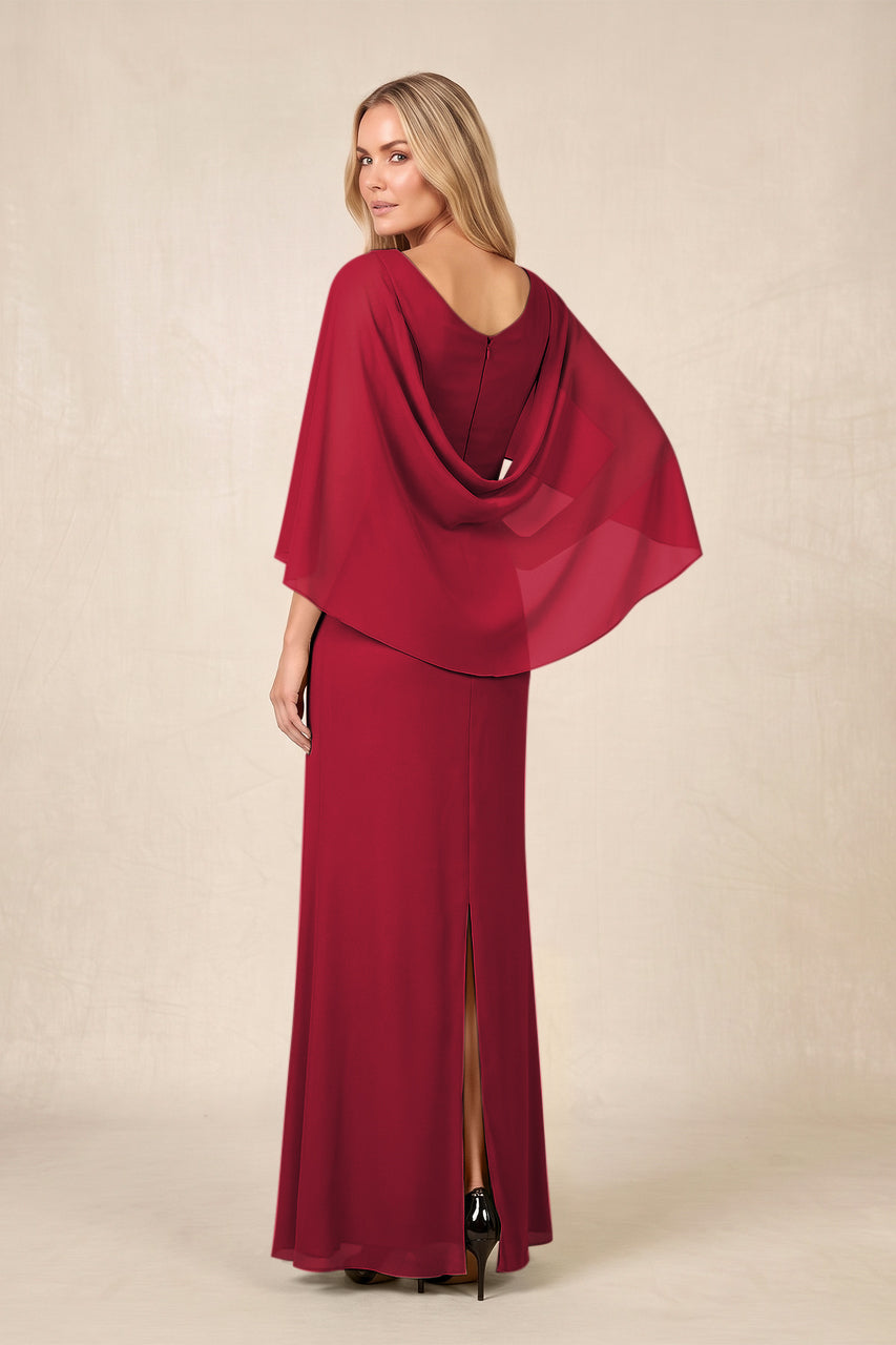 Burgundy Round Neck Sheath Chiffon Cape Sleeves Ruched Mother of the Bride Dress