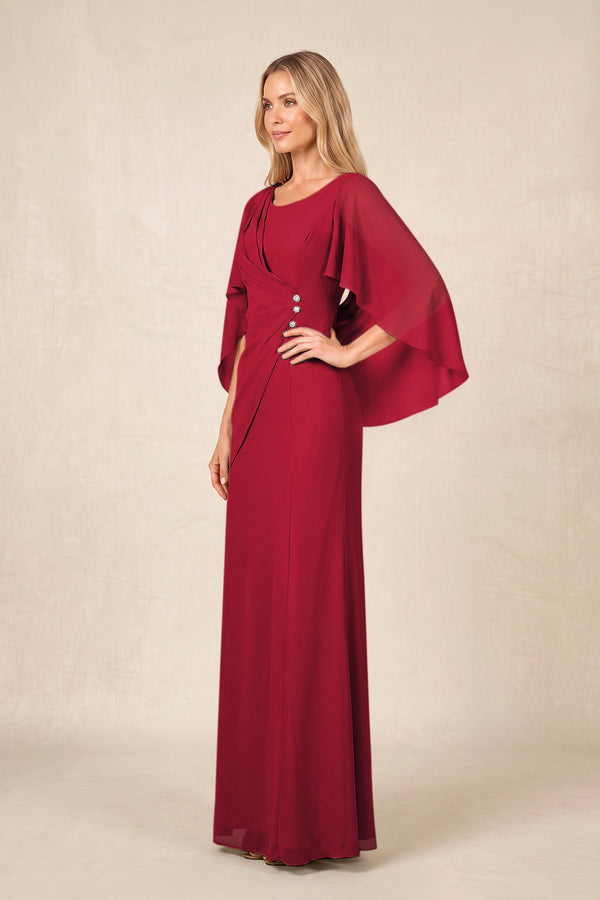 Burgundy Round Neck Sheath Chiffon Cape Sleeves Ruched Mother of the Bride Dress (3) | KISSBRIDAL