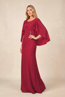 Burgundy Round Neck Sheath Chiffon Cape Sleeves Ruched Mother of the Bride Dress | KISSBRIDAL
