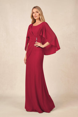 Burgundy Round Neck Sheath Chiffon Cape Sleeves Ruched Mother of the Bride Dress | KISSBRIDAL