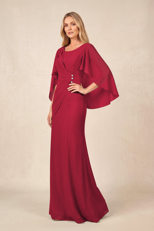 Burgundy Round Neck Sheath Chiffon Cape Sleeves Ruched Mother of the Bride Dress | KISSBRIDAL