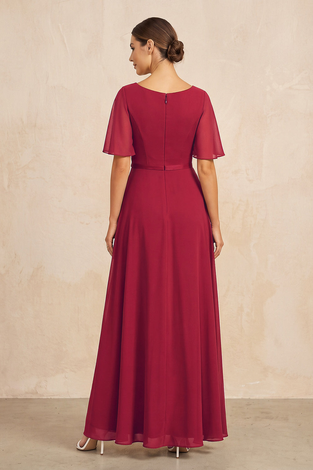 Burgundy Ruched A-Line Chiffon V-Neck Mother of the Bride Dress with Sleeves