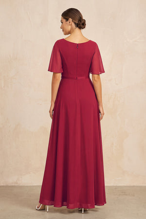 Burgundy Ruched A-Line Chiffon V-Neck Mother of the Bride Dress with Sleeves (2) | KISSBRIDAL