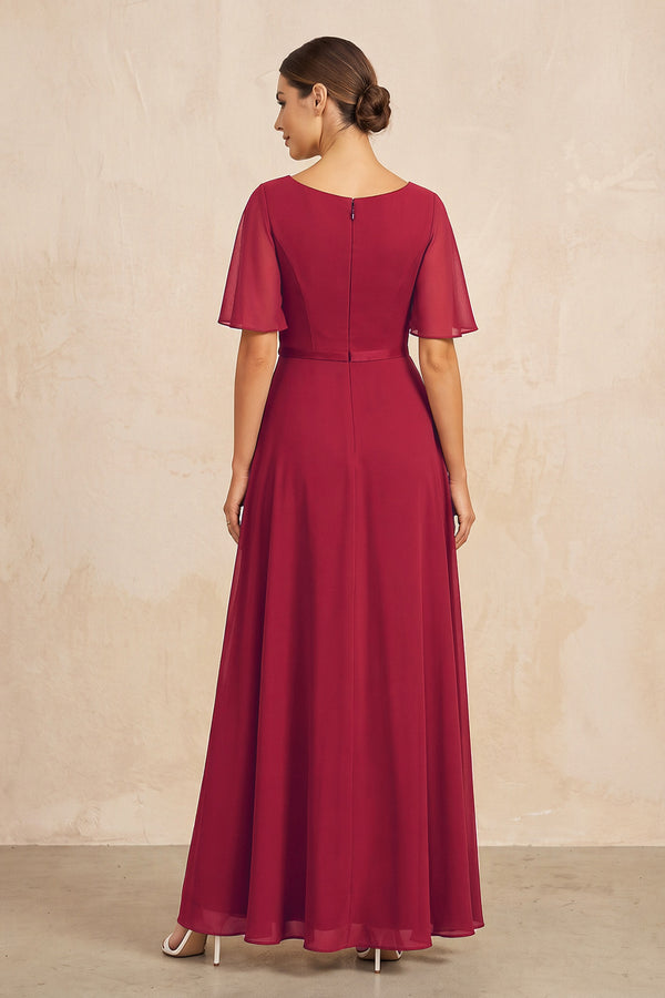 Burgundy Ruched A-Line Chiffon V-Neck Mother of the Bride Dress with Sleeves (2) | KISSBRIDAL