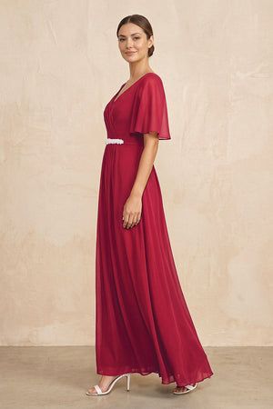 Burgundy Ruched A-Line Chiffon V-Neck Mother of the Bride Dress with Sleeves (3) | KISSBRIDAL