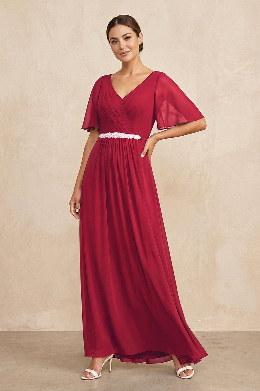 Burgundy Ruched A-Line Chiffon V-Neck Mother of the Bride Dress with Sleeves