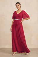 Burgundy Ruched A-Line Chiffon V-Neck Mother of the Bride Dress with Sleeves | KISSBRIDAL