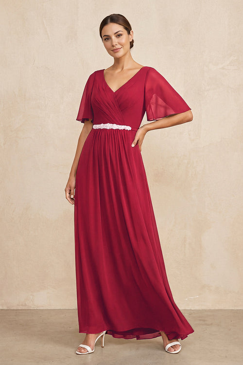 Burgundy Ruched A-Line Chiffon V-Neck Mother of the Bride Dress with Sleeves | KISSBRIDAL