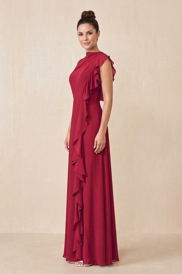 Burgundy Ruffled A-Line Chiffon Mother of the Bride Dress (3) | KISSBRIDAL