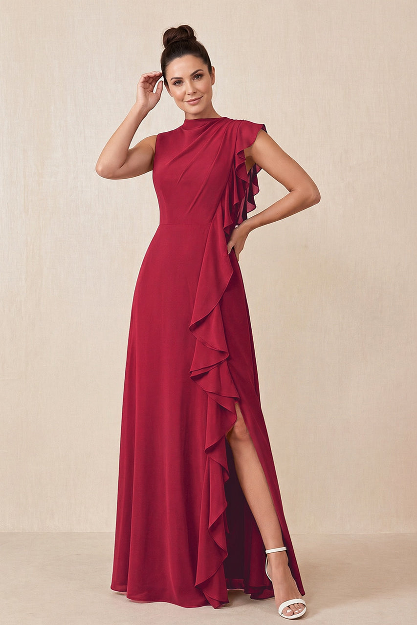 Burgundy Ruffled A-Line Chiffon Mother of the Bride Dress