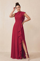 Burgundy Ruffled A-Line Chiffon Mother of the Bride Dress | KISSBRIDAL
