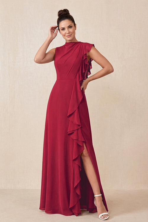 Burgundy Ruffled A-Line Chiffon Mother of the Bride Dress | KISSBRIDAL