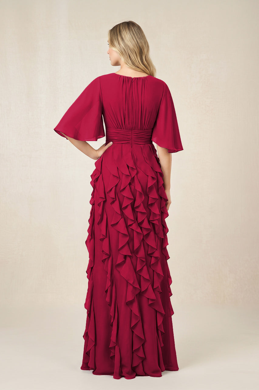 Burgundy Ruffled Chiffon Half Sleeves A-Line Mother of the Bride Dress