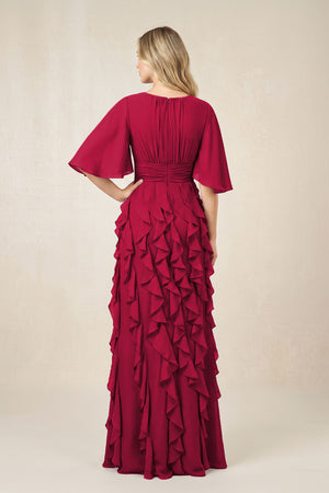 Burgundy Ruffled Chiffon Half Sleeves A-Line Mother of the Bride Dress (2) | KISSBRIDAL
