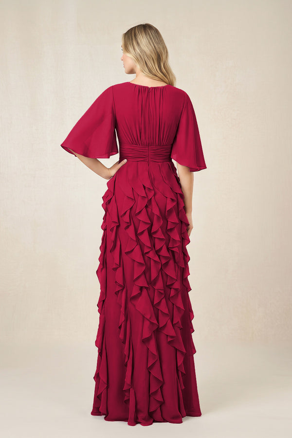Burgundy Ruffled Chiffon Half Sleeves A-Line Mother of the Bride Dress (2) | KISSBRIDAL
