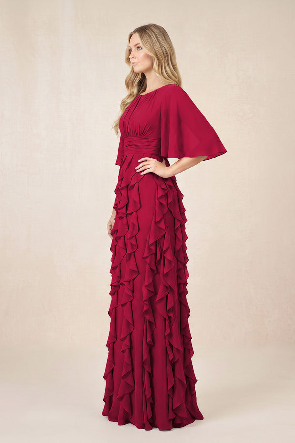 Burgundy Ruffled Chiffon Half Sleeves A-Line Mother of the Bride Dress (3) | KISSBRIDAL