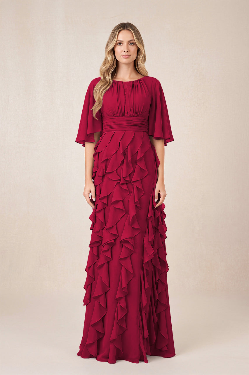 Burgundy Ruffled Chiffon Half Sleeves A-Line Mother of the Bride Dress