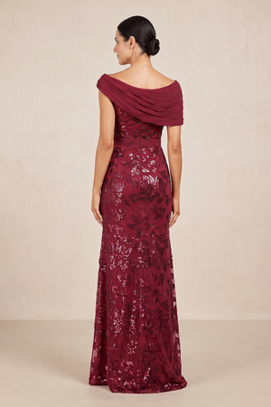 Burgundy Sheath Pleated V-Neck Mother of the Bride Dress with Sequins (2) | KISSBRIDAL
