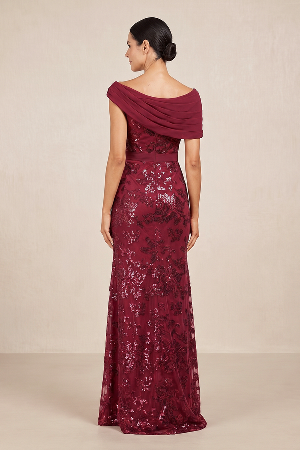 Burgundy Sheath Pleated V-Neck Mother of the Bride Dress with Sequins (2) | KISSBRIDAL