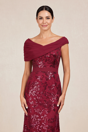 Burgundy Sheath Pleated V-Neck Mother of the Bride Dress with Sequins (3) | KISSBRIDAL