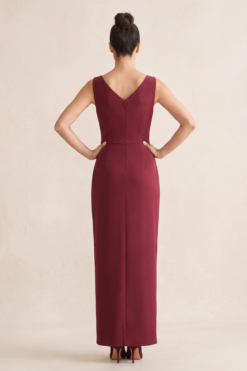 Burgundy Sheath V-Neck Ruched Matte Satin Mother of the Bride Dress