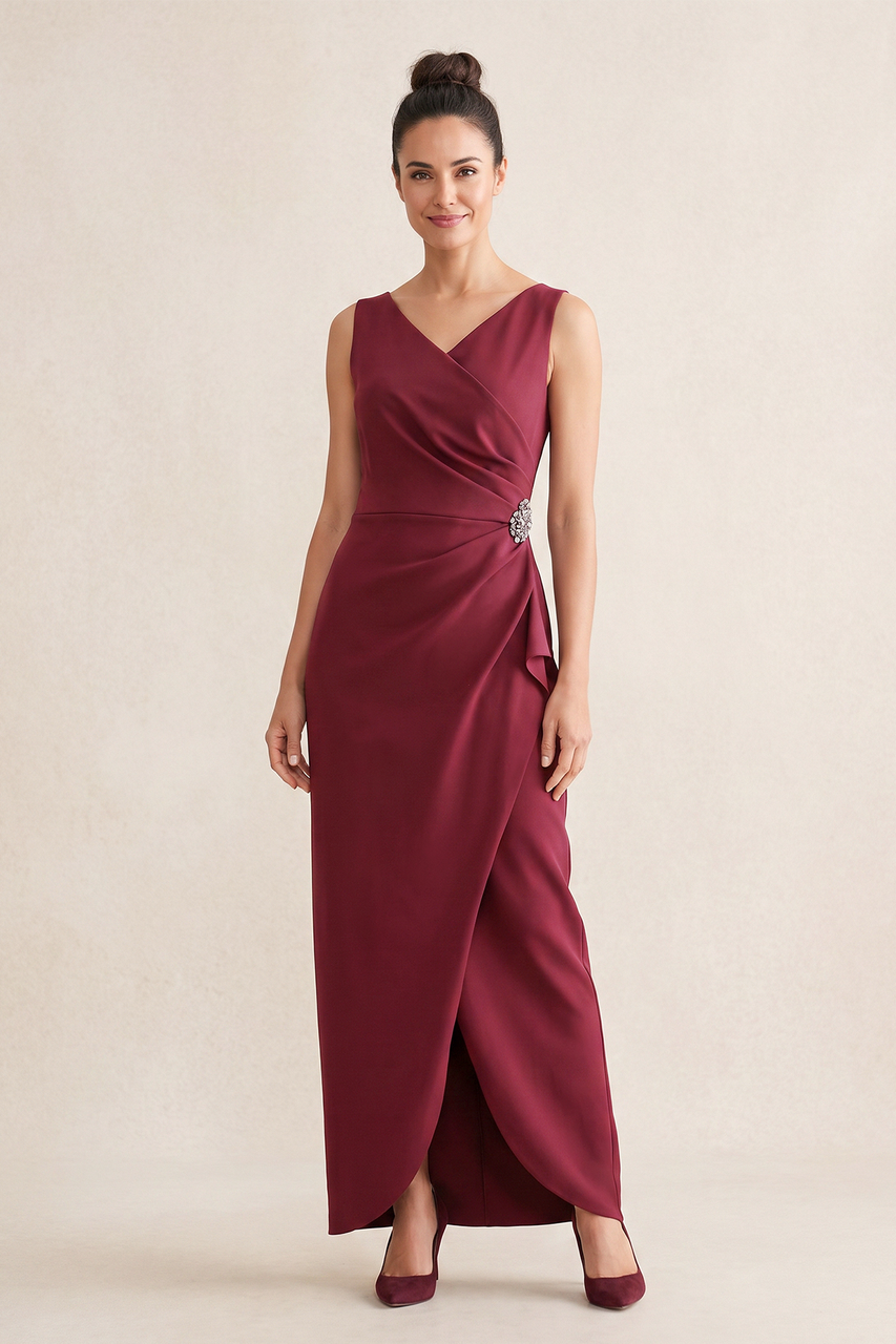 Burgundy Sheath V-Neck Ruched Matte Satin Mother of the Bride Dress