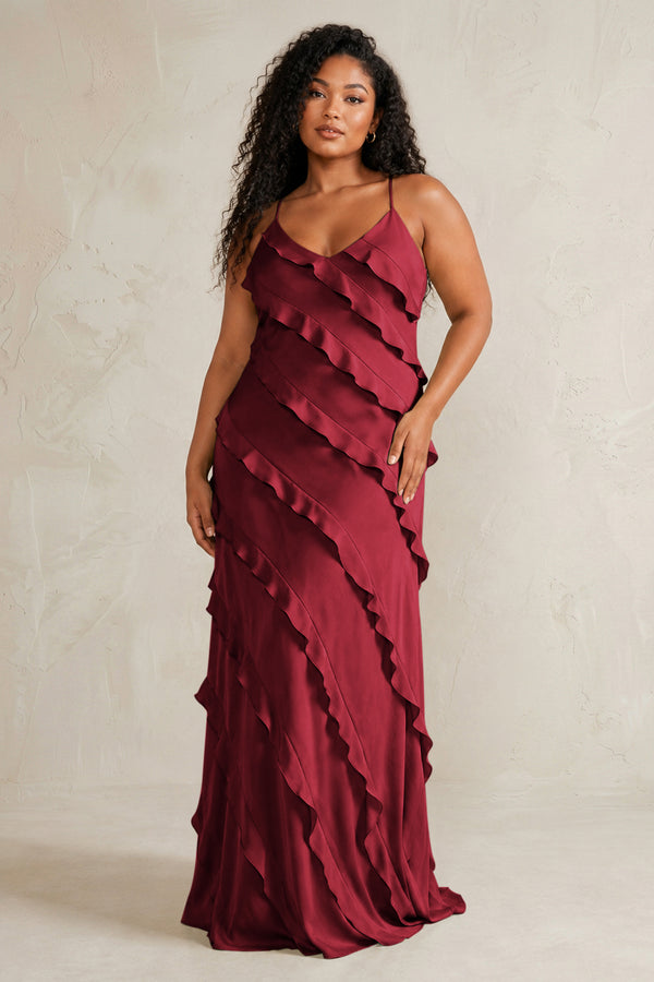 Burgundy Spaghetti Straps Sheath Stain Ruffled Bridesmaid Dress (3) | KISSBRIDAL[sizeplus]
