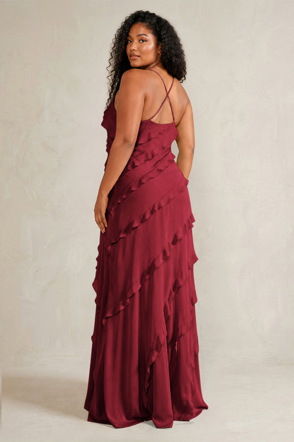 Burgundy Spaghetti Straps Sheath Stain Ruffled Bridesmaid Dress (4) | KISSBRIDAL[sizeplus]