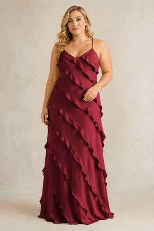 Burgundy Spaghetti Straps Sheath Stain Ruffled Bridesmaid Dress | KISSBRIDAL[sizeplus]