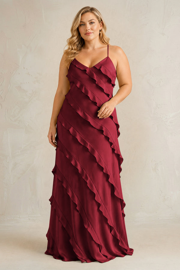 Burgundy Spaghetti Straps Sheath Stain Ruffled Bridesmaid Dress | KISSBRIDAL[sizeplus]