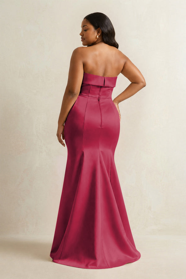 Burgundy Strapless Satin Mermaid Bridesmaid Dress (2) [sizeplus] | KISSBRIDAL