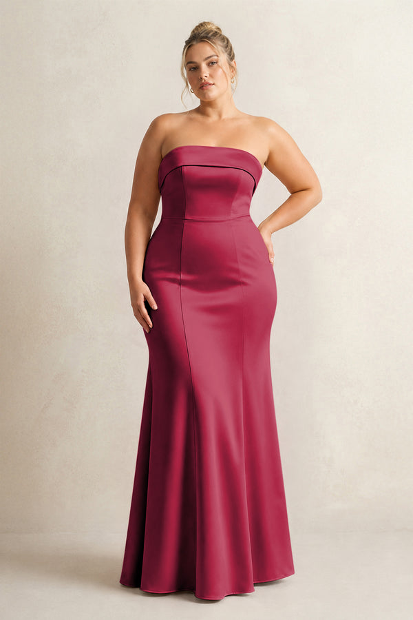 Burgundy Strapless Satin Mermaid Bridesmaid Dress (3) [sizeplus] | KISSBRIDAL