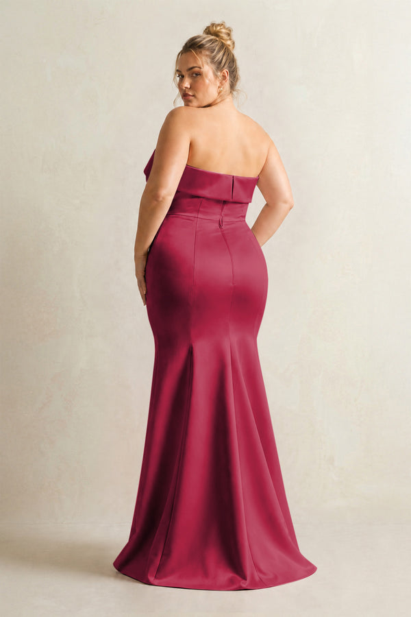 Burgundy Strapless Satin Mermaid Bridesmaid Dress (4) [sizeplus] | KISSBRIDAL