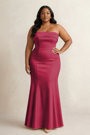 Burgundy Strapless Satin Mermaid Bridesmaid Dress [sizeplus] | KISSBRIDAL