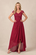 Burgundy V-Neck Chiffon A-Line Embroidered Ruched Mother of the Bride Dress | KISSBRIDAL