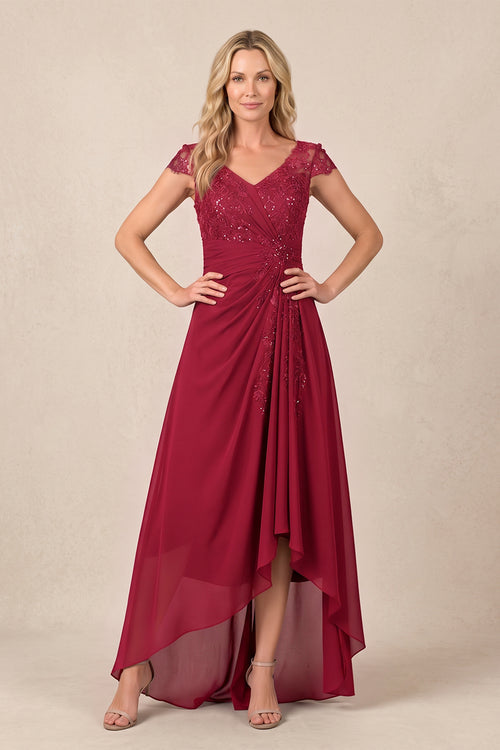 Burgundy V-Neck Chiffon A-Line Embroidered Ruched Mother of the Bride Dress | KISSBRIDAL