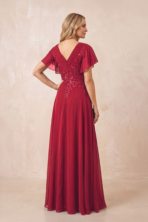 Burgundy V-Neck Chiffon Ruffled Sleeves A-Line Mother of the Bride Dress (2) | KISSBRIDAL
