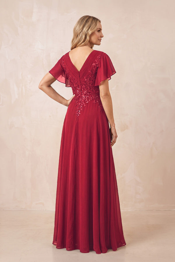 Burgundy V-Neck Chiffon Ruffled Sleeves A-Line Mother of the Bride Dress (2) | KISSBRIDAL