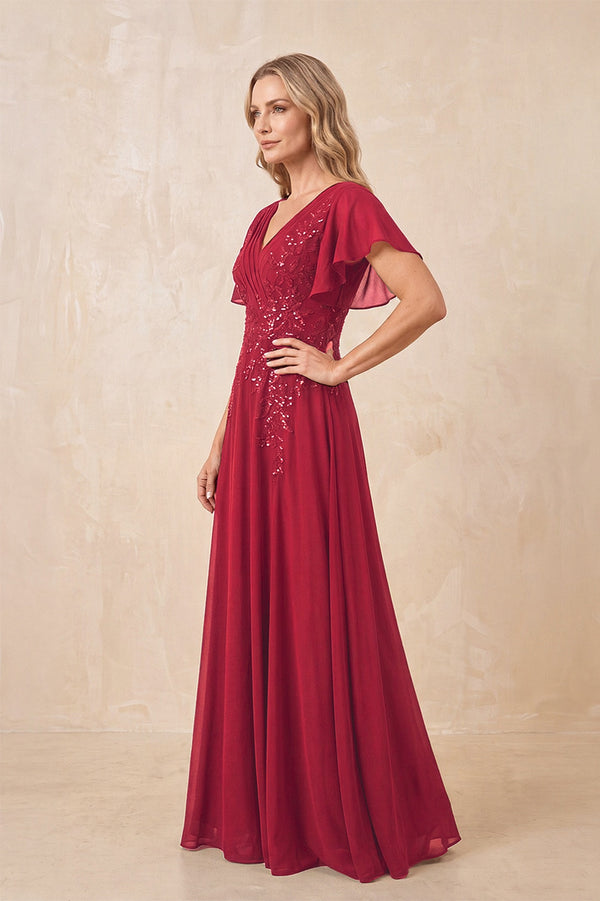 Burgundy V-Neck Chiffon Ruffled Sleeves A-Line Mother of the Bride Dress (3) | KISSBRIDAL
