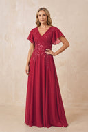 Burgundy V-Neck Chiffon Ruffled Sleeves A-Line Mother of the Bride Dress | KISSBRIDAL
