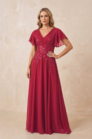 Burgundy V-Neck Chiffon Ruffled Sleeves A-Line Mother of the Bride Dress | KISSBRIDAL