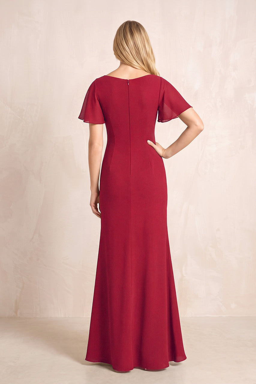 Burgundy V-Neck Sheath Chiffon Ruffled Short Sleeves Mother of the Bride Dress with Slit